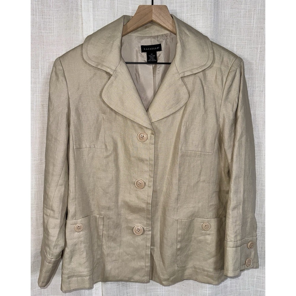 Rafaella Suit Jacket Women's Sz 14 100% Linen Collar Blazer Tan‎ Beige